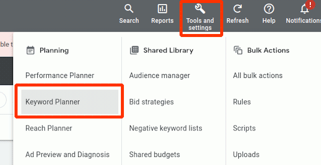 Go to Tools and Settings, choose Keyword Planner